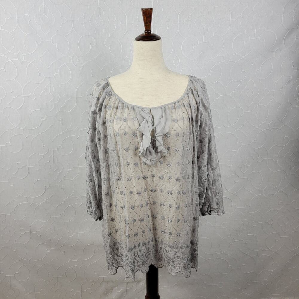 Sundance Womens Blouse Size L Gray Silk Ruffles Embroidered Sheer Tunic Prairie